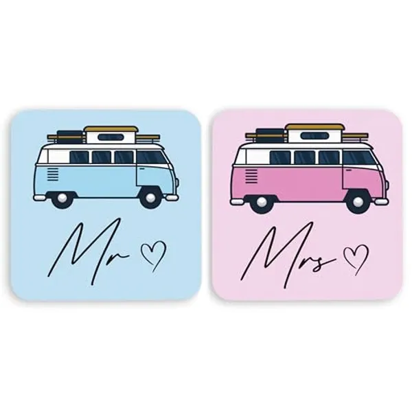 Mr. & Mrs. Campervan Coaster Set - Pink