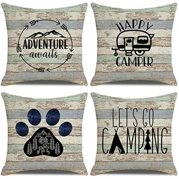 LAXEUYO Pack of 4 Cushion Covers 18x18 - Let's go Adventure Camping Pattern