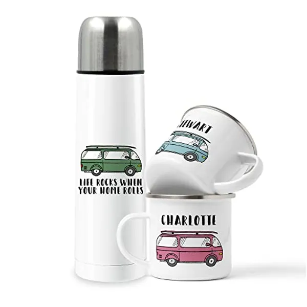 Personalised Campervan Enamel Mug & Flask Set