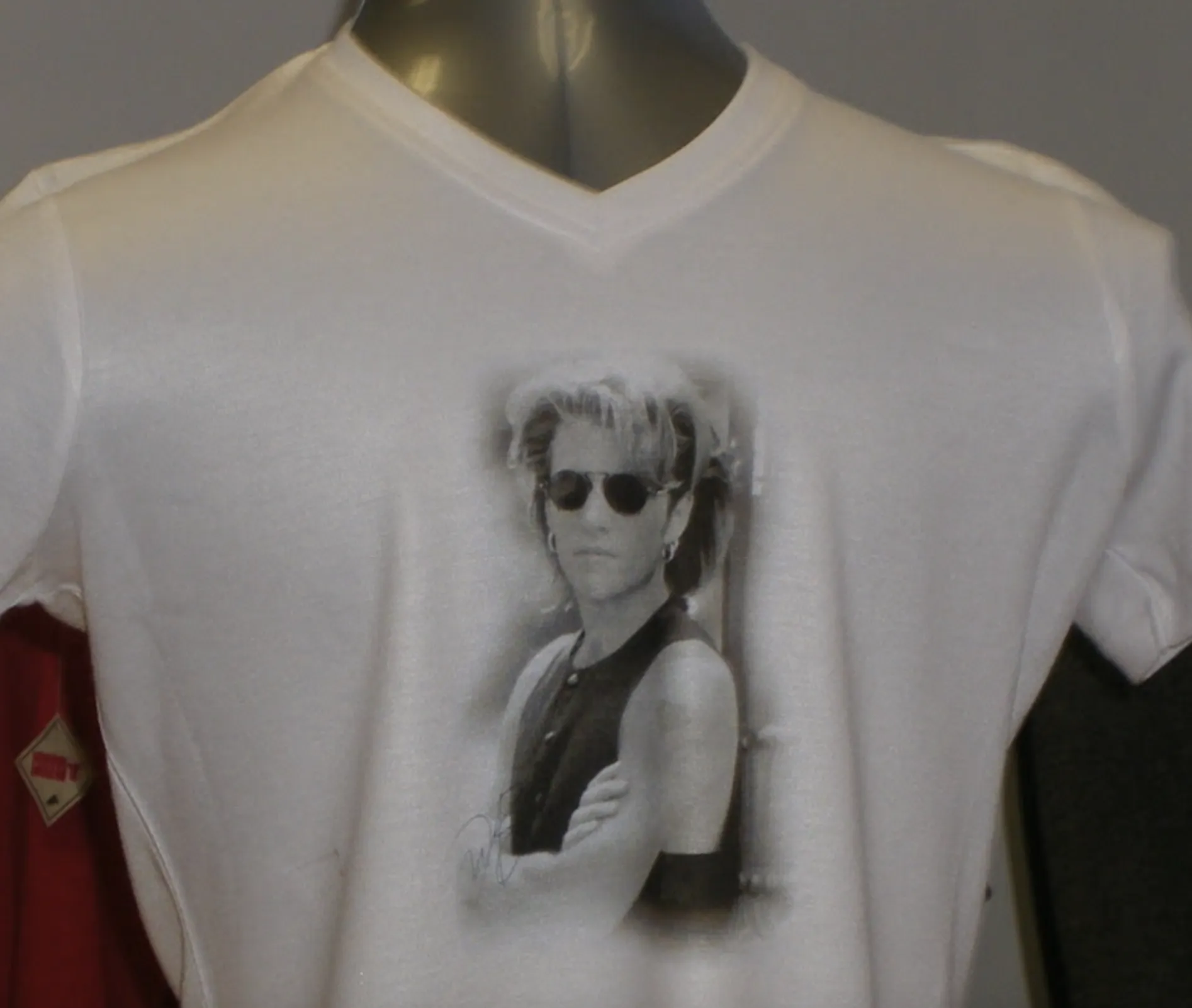 Dye Sublimated White T-Shirt with a Black and White Bon Jovi Photo